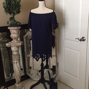 Navy, Off-Shoulder, Laser Cut Dress